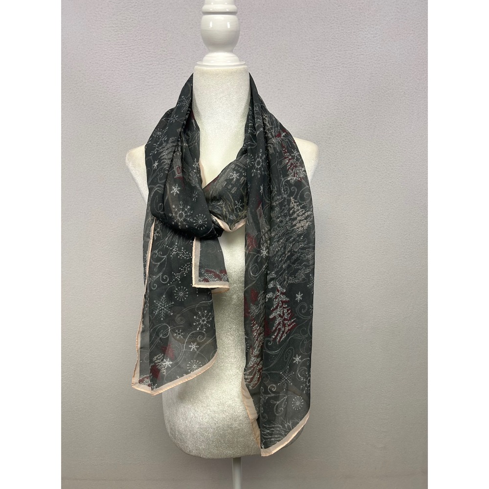 Holiday Festive Womens OS Gray Pink Winter Scene Snowflake Scarf